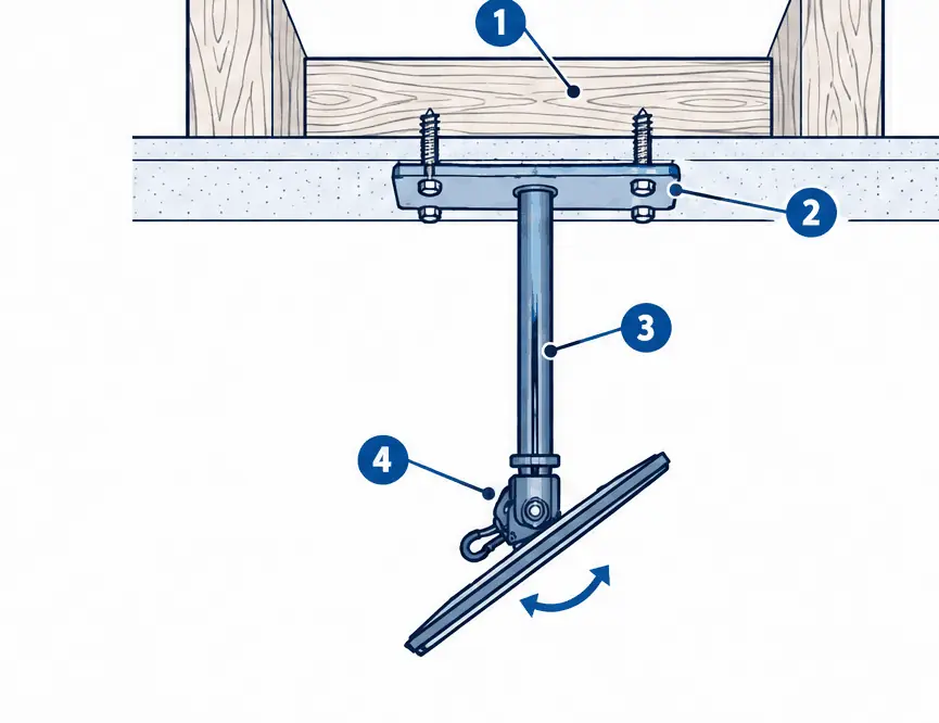 Diagram: side section of a ceiling TV mount on a drop pole fixed to a joist