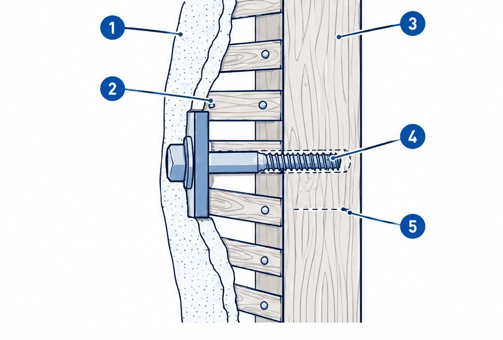 Diagram: side section of an older lath-and-plaster wall, a plaster coat over lath strips on a wood stud, a long lag bolt through the plate, plaster and lath into the stud and a dashed pilot hole
