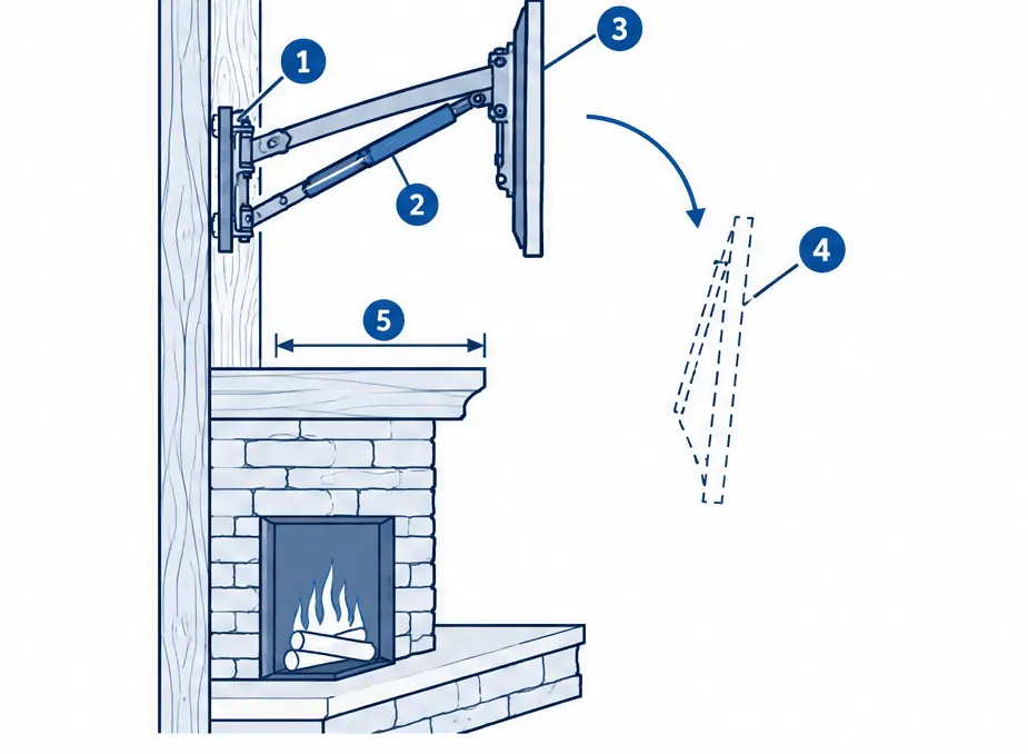 Diagram: side section of a pull-down fireplace mount lowering the TV in front of the mantel