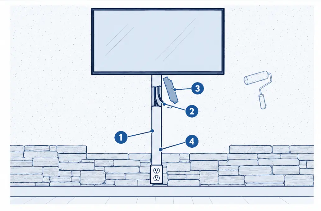 Diagram: front view of a wall with a TV and a slim paintable raceway running straight down to an outlet, a cutaway of the raceway showing the cables inside and a lifted cover
