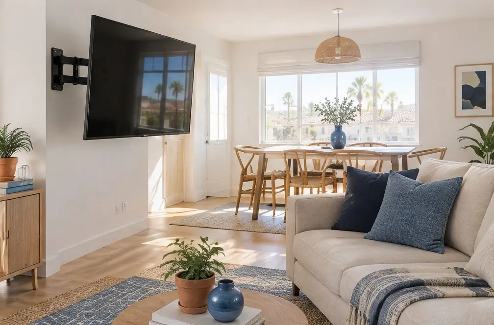 Illustration: a switched-off TV on an extended articulating arm pointing from a corner into a living room, with a dining table in the background, no people