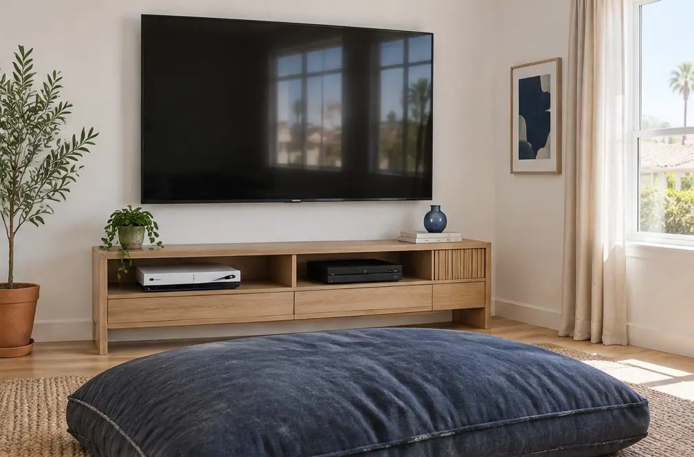 Illustration: a large switched-off TV on a wall above a low media shelf with two game consoles and a floor cushion in a bonus room, no people