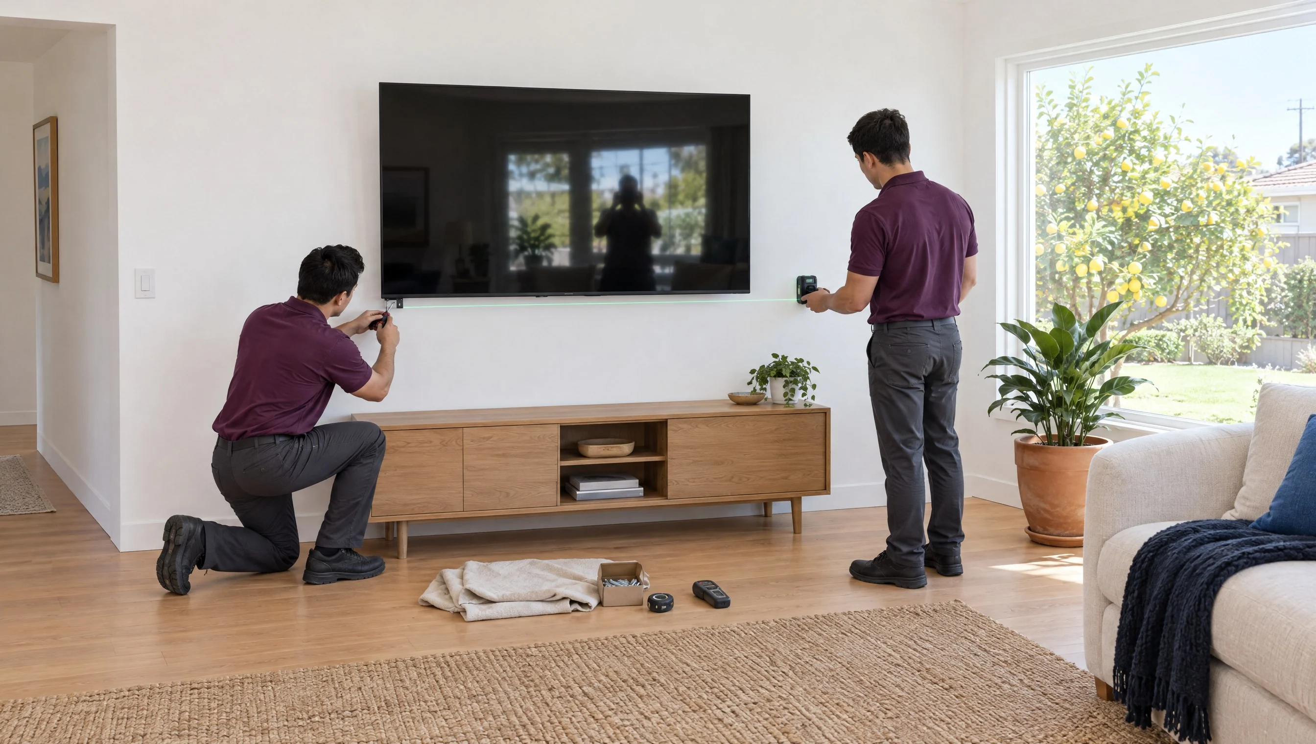 Illustration: two installers in matching deep plum work uniforms mounting a TV on a living-room wall in a bright Westminster home, one leveling the TV while the other tightens the bracket's safety screw; the TV screen is off and reflects a window (AI-generated)