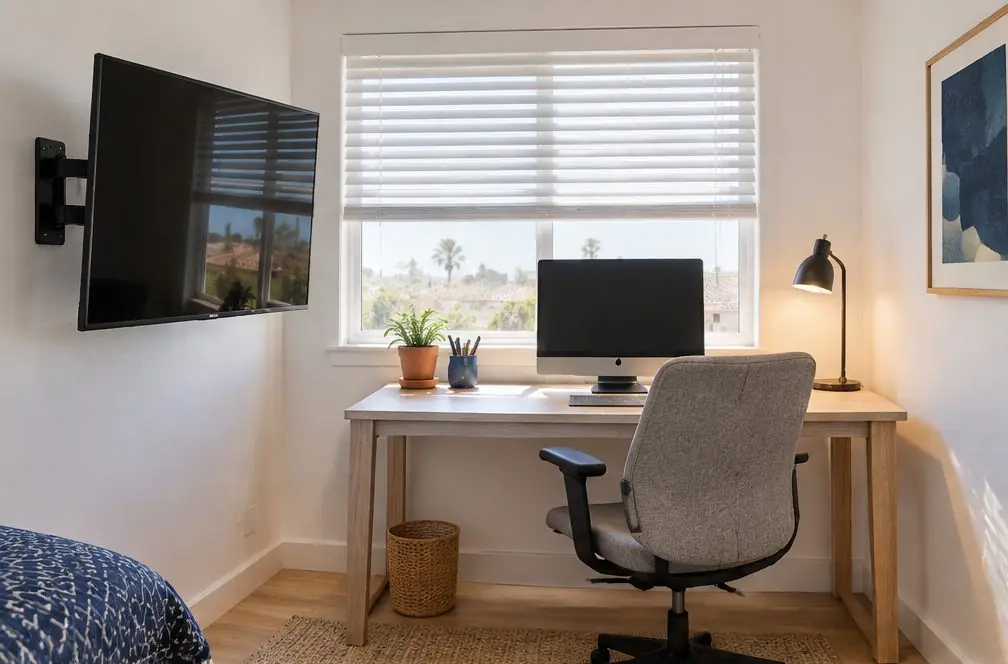 Illustration: a switched-off TV on a swing arm beside a desk and a window in a small spare-room office, with a pale wood desk, a monitor and a desk lamp, no people