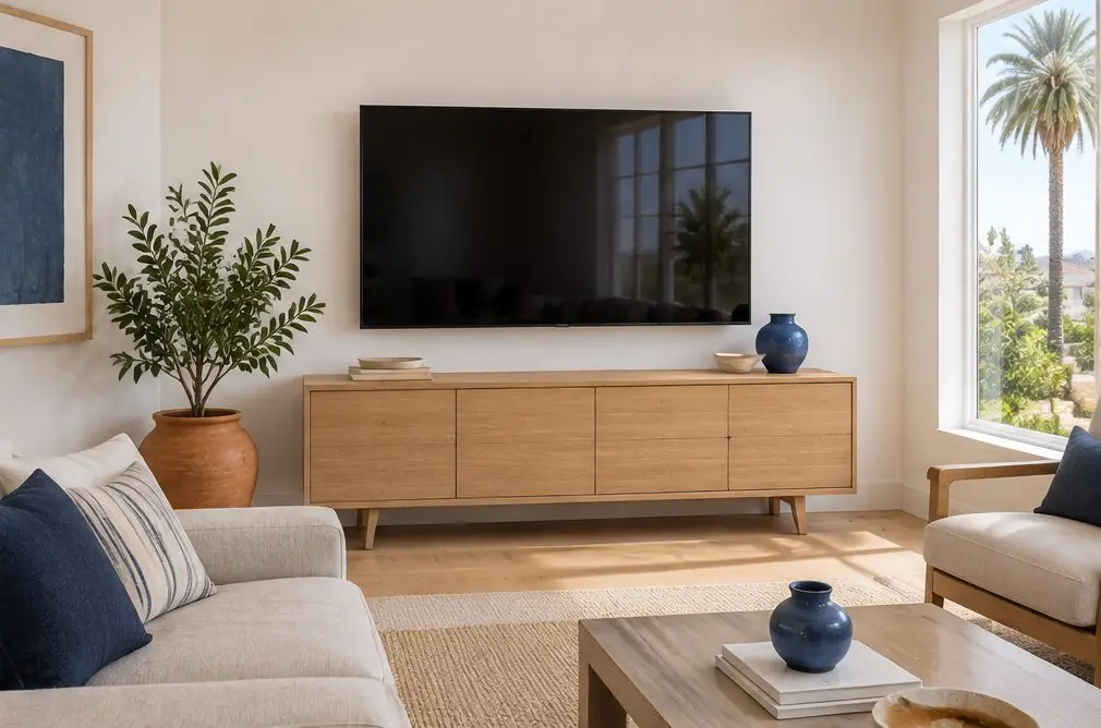 Illustration: a switched-off TV on a wall mount above a light-oak console in a bright living room, no cords showing below the screen, with a linen sofa, a terracotta pot with a plant and a window, no people