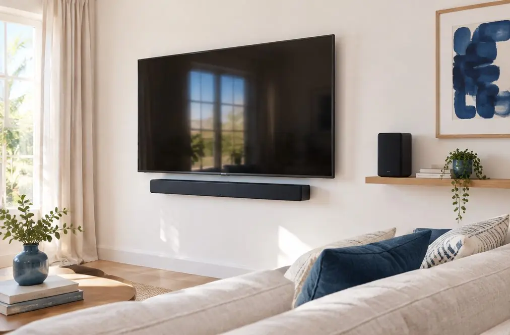 Illustration: a switched-off TV on a wall with a slim soundbar mounted below it and a small rear speaker on a shelf at the side of a living room, no people