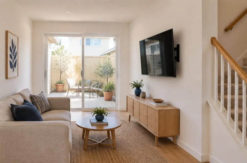 Illustration: a TV, screen off, on a plain interior wall of a two-story townhome living room with a staircase on one side and a sofa facing it